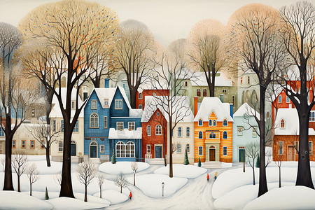 冬色卡通风格的小镇插画