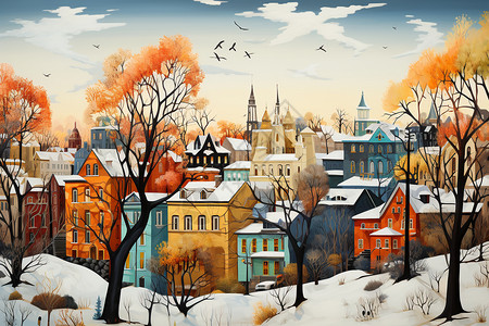 寒冷的城市卡通冬日城市风景插画