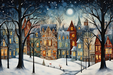城市童话素材冬日童话之城插画