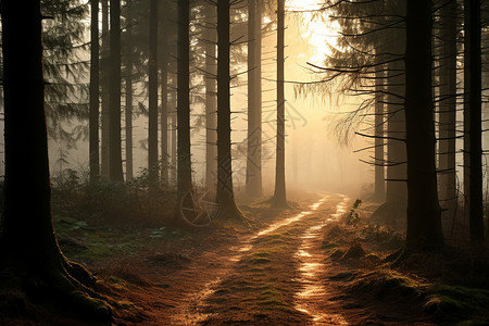 自行车阳光森林林间的美丽风景背景