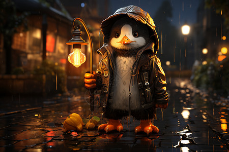 雕塑造型企鹅穿雨衣拿着漫步街头插画