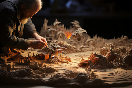 火山旁的模型城市高清图片