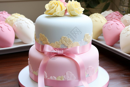 粉色丝带三层蛋糕图片