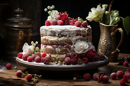 装饰精美的红丝绒蛋糕背景图片