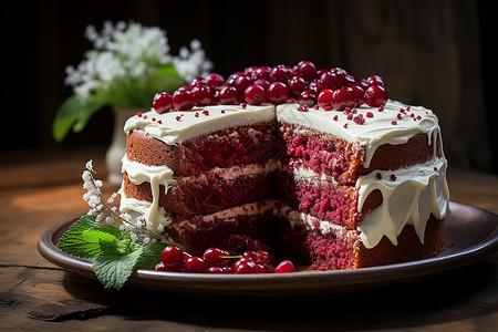 甜蜜诱人的红丝绒蛋糕背景图片
