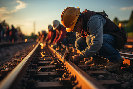铁路工人在维修轨道高清图片