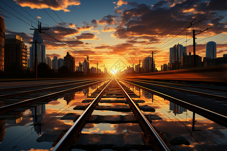 城市夕阳与列车轨道图片