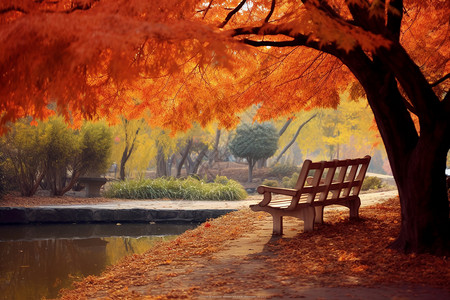 秋日湖畔的长凳图片