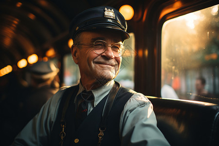 火车列车员火车机长带着微笑背景
