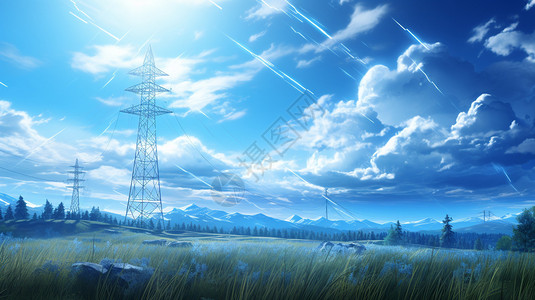 草地里高高的电塔图片