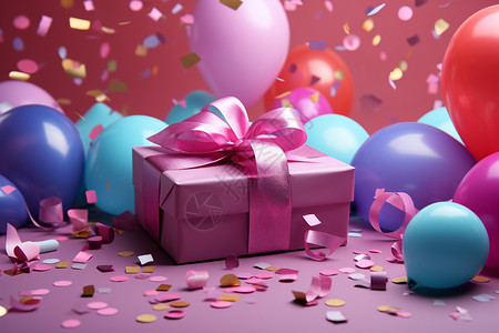 樱花彩带装饰气球围绕的礼物盒子背景