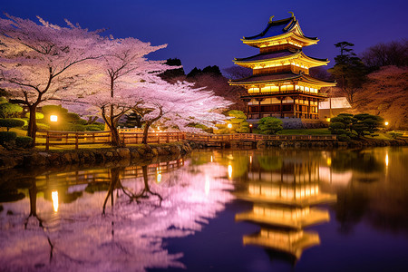 夜光下的樱花树图片