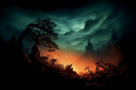 月光下的森林怪谈背景图片