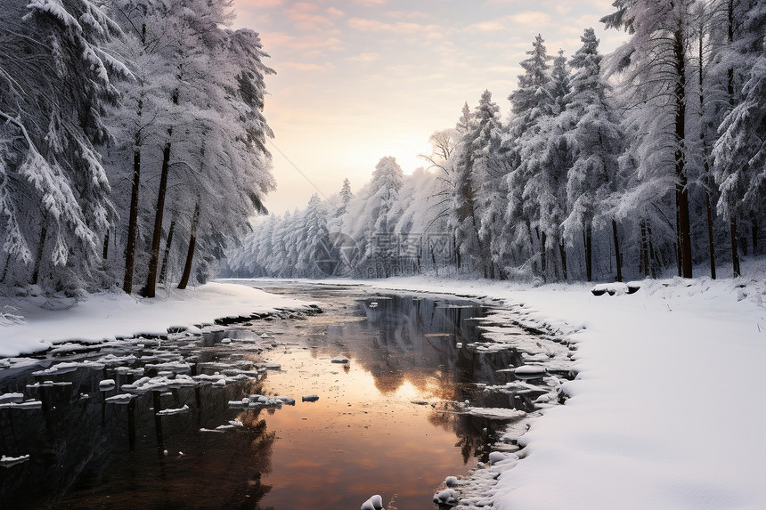 冰雪森林中的河流图片