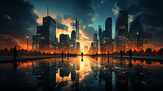 广场和日落未来城市科技建筑插画