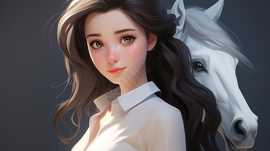白衬衫黑发的卡通女孩背景图片