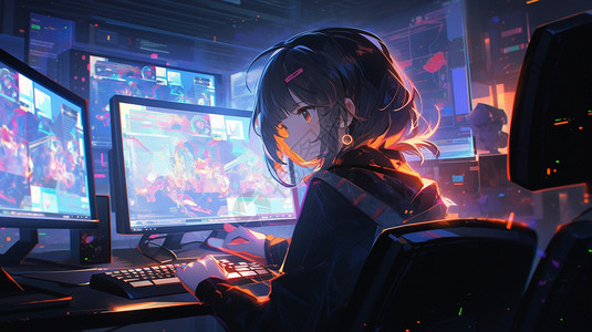 台式游戏机程序员坐在电脑旁插画
