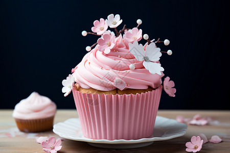 粉色花朵蛋糕上的一个杯子蛋糕图片