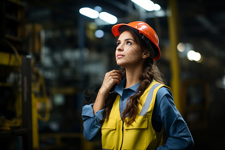 女性工程师在工厂中远眺图片