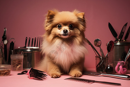 可爱的小狗在桌子上拿着梳子坐着图片