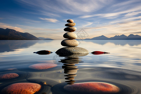 心靈平静的湖泊上摆放的一堆石头背景