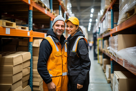 男女通用头盔男女员工在仓库货架站在一起微笑着背景