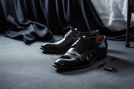 黑鞋子地板上的一双黑色皮鞋背景