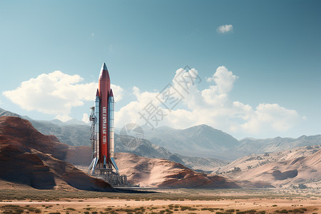 星际火箭耸立在遥远山脉的背景下图片
