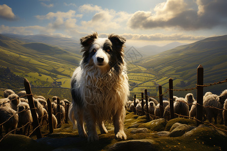 晨光中小狗牧羊在圆形牧场背景图片