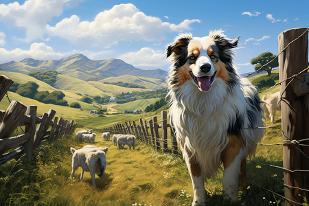 牧羊犬与羊群在栅栏后的绘画风景背景图片