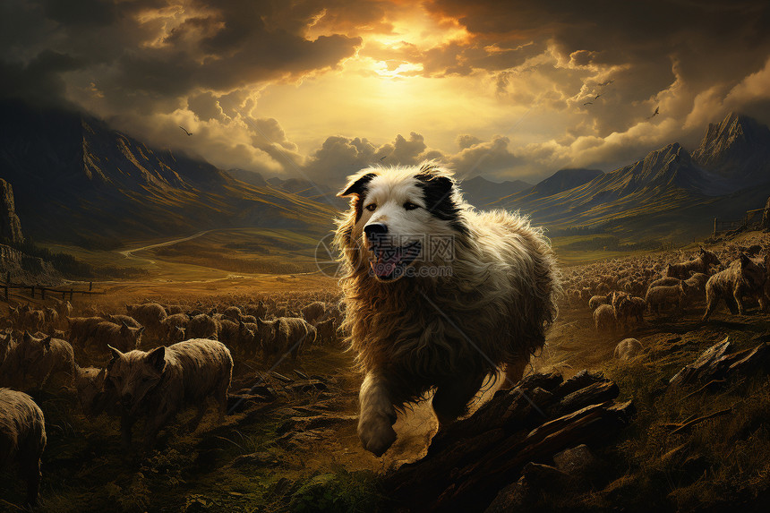 日出时分羊圈外的牧羊犬图片
