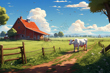 牛羊群红色农舍牛群在田野上插画