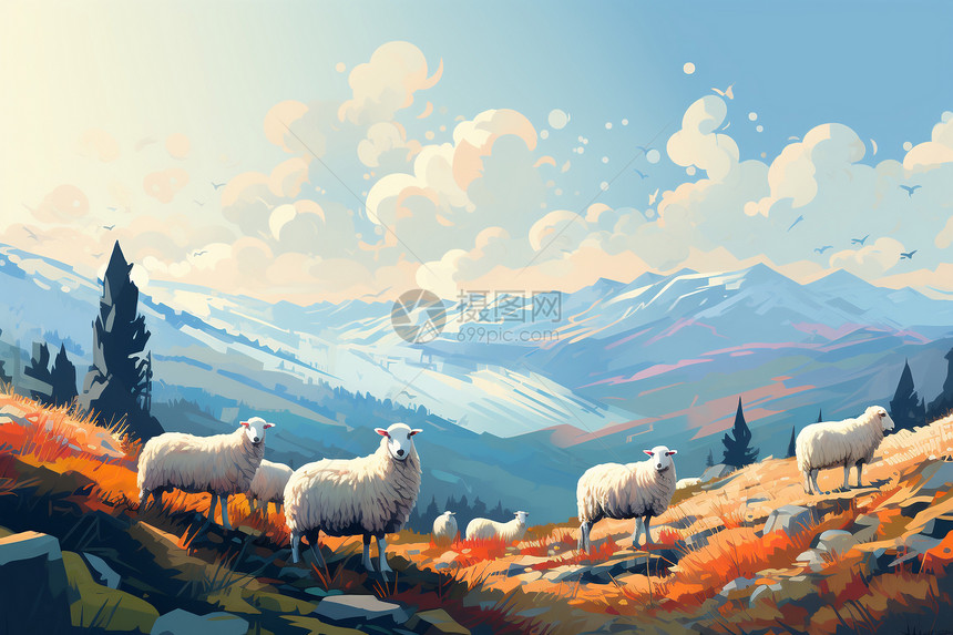 山羊在柔和色彩的山丘中漫游图片