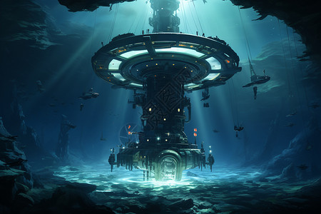 灯塔光束海底光束照射下的潜艇插画