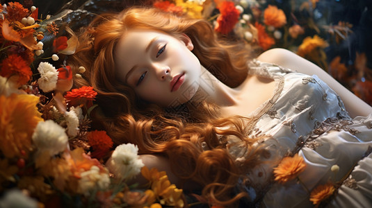 西山睡美人鲜花中的睡美人插画