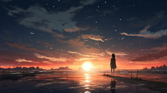 女孩独自站在沙滩上背景图片