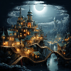 梦幻建筑月亮美丽城堡背景图片