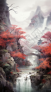 红叶间的小桥流水背景图片