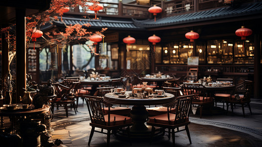 中式桌餐茶室里的木质桌凳背景