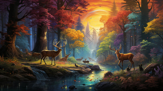 七彩森林夕阳下森林里的河流插画