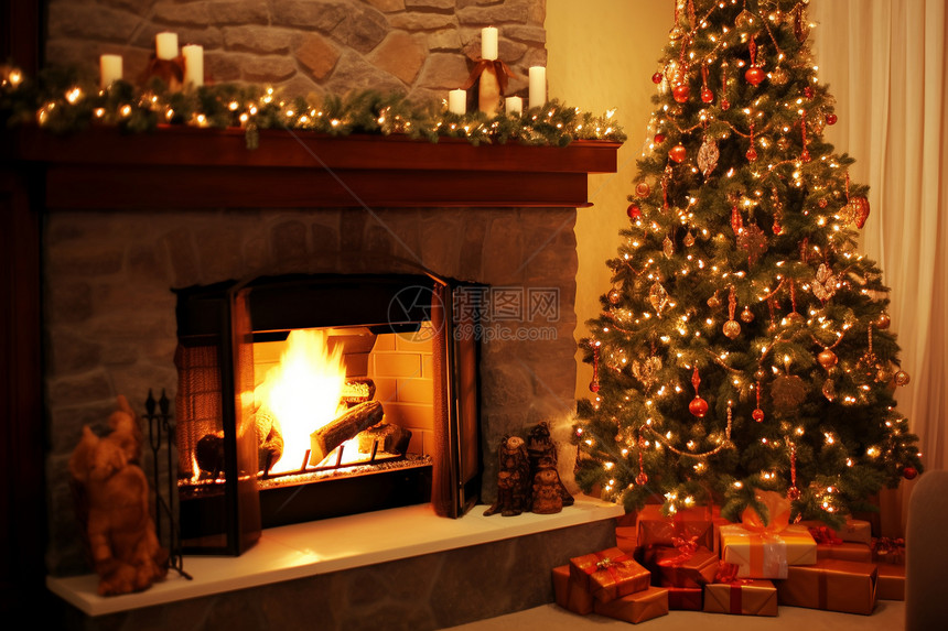 圣诞树前的炉火照亮图片