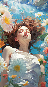 在一朵花里女孩躺在花海上插画
