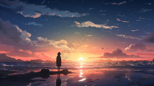 女孩站在夕阳沙滩下图片