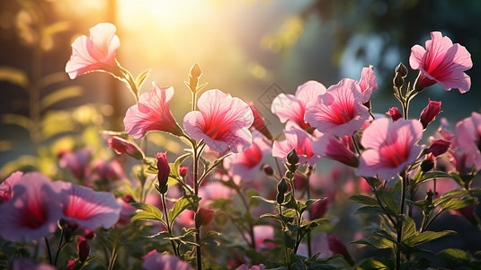 阳光下花园里的锦葵花图片