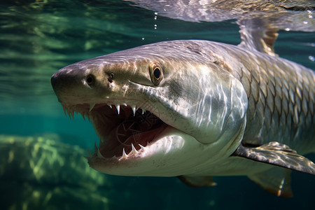 鲨鱼嘴大白鲨开着嘴游弋在水中背景