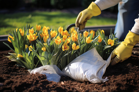 花卉农业黄色手套的人给鲜花施肥背景