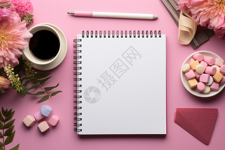 粉色桌面上的笔记本高清图片