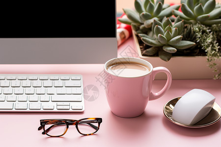 粉色办公桌上的咖啡高清图片