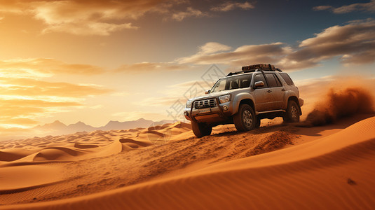 无边无际的沙漠里有一辆吉普车图片