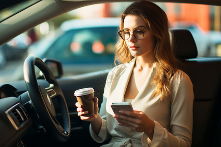 坐在汽车里喝咖啡的女士图片